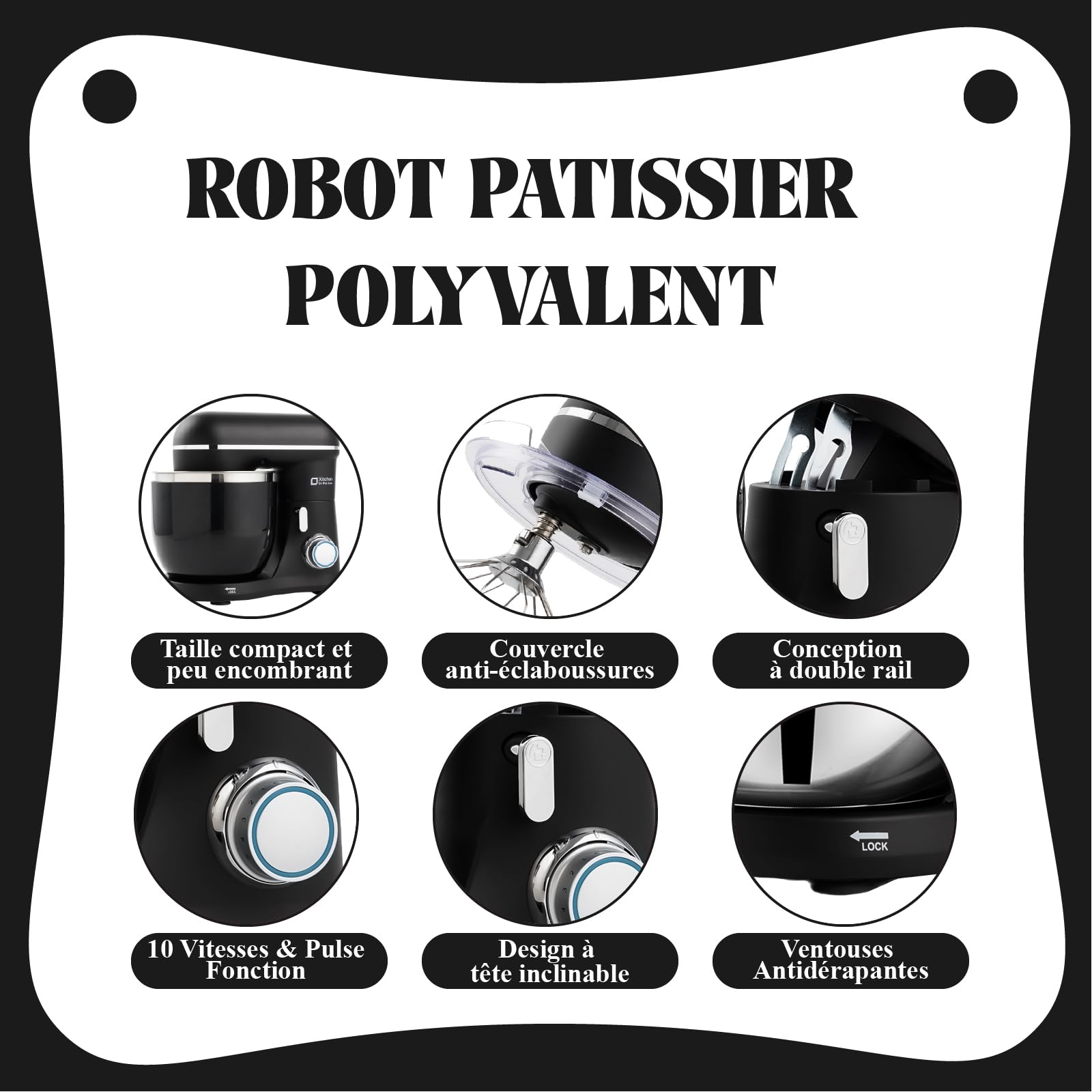 Kitchen in the Box Robot Pâtissier, 3.5L avec Deux Bols, Compact et Léger, 10 Vitesses avec Fonction Pulse, Finition Mate, Fouet, Crochet Pétrisseur et Batteur, Noir