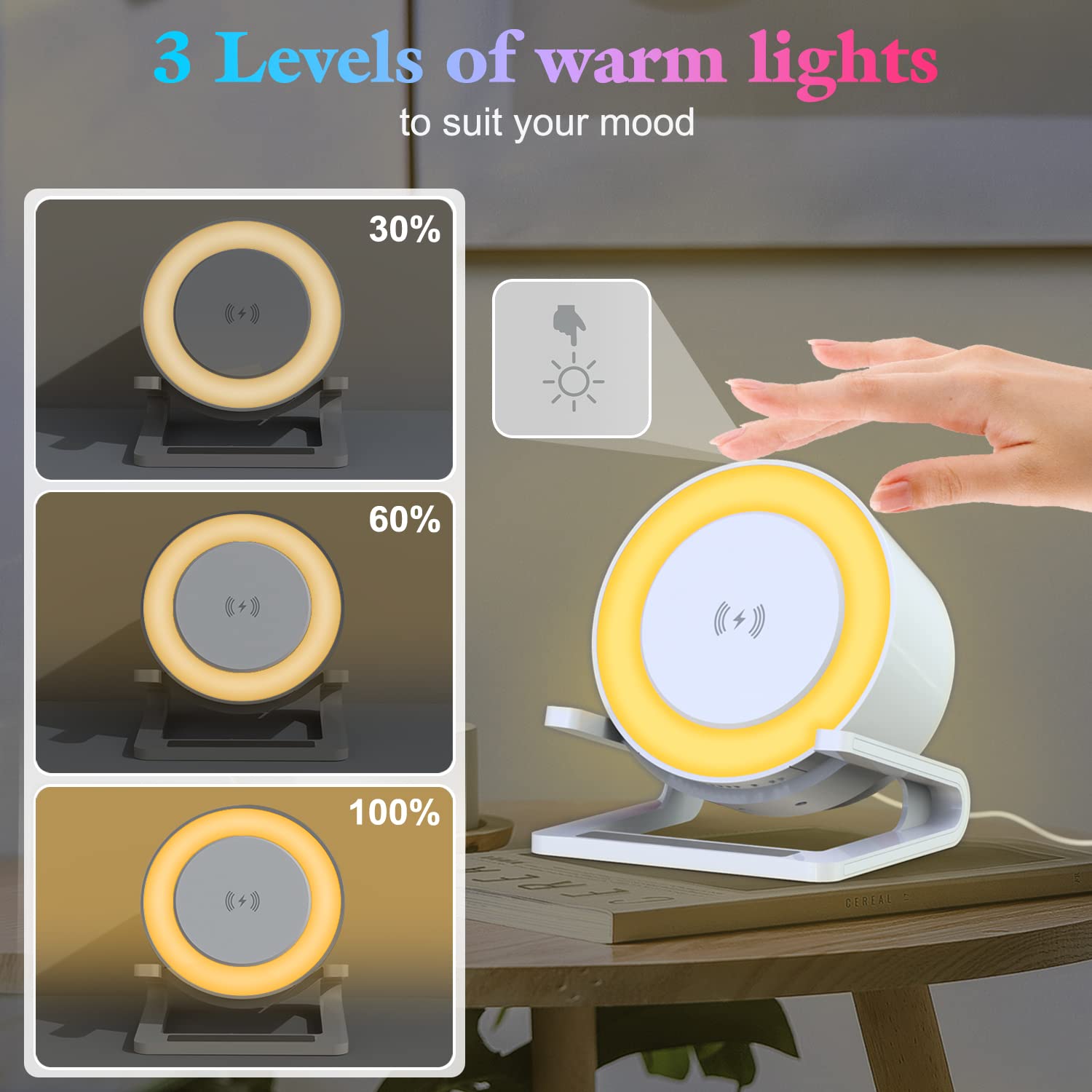 Enceinte Bluetooth Lumineuse avec 15W Chargeur Sans Fil,Lampe de Chevet Tactile avec Blanc Chaud+5 Lumières Colorées Dynamiques,Haut-parleur Veilleuse avec Support Téléphone,Cadeau Ado Fille