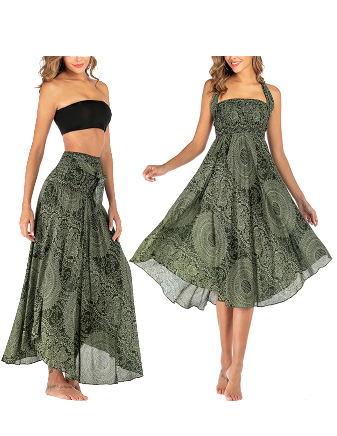 JENJON Femme Robe Imprimé Fleurie Ete Boheme Jupe Style Ethnique 2 en 1 sans Manche Plage Strap Wrap Taille Unique A-Vert