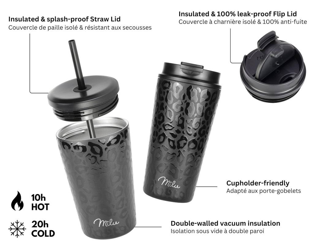 Milu Mug Isotherme 300ml - Thermo Café étanche en acier inoxydable, Tasse thermique sans BPA, 100% anti-fuite(Black Leopard, 300ml)
