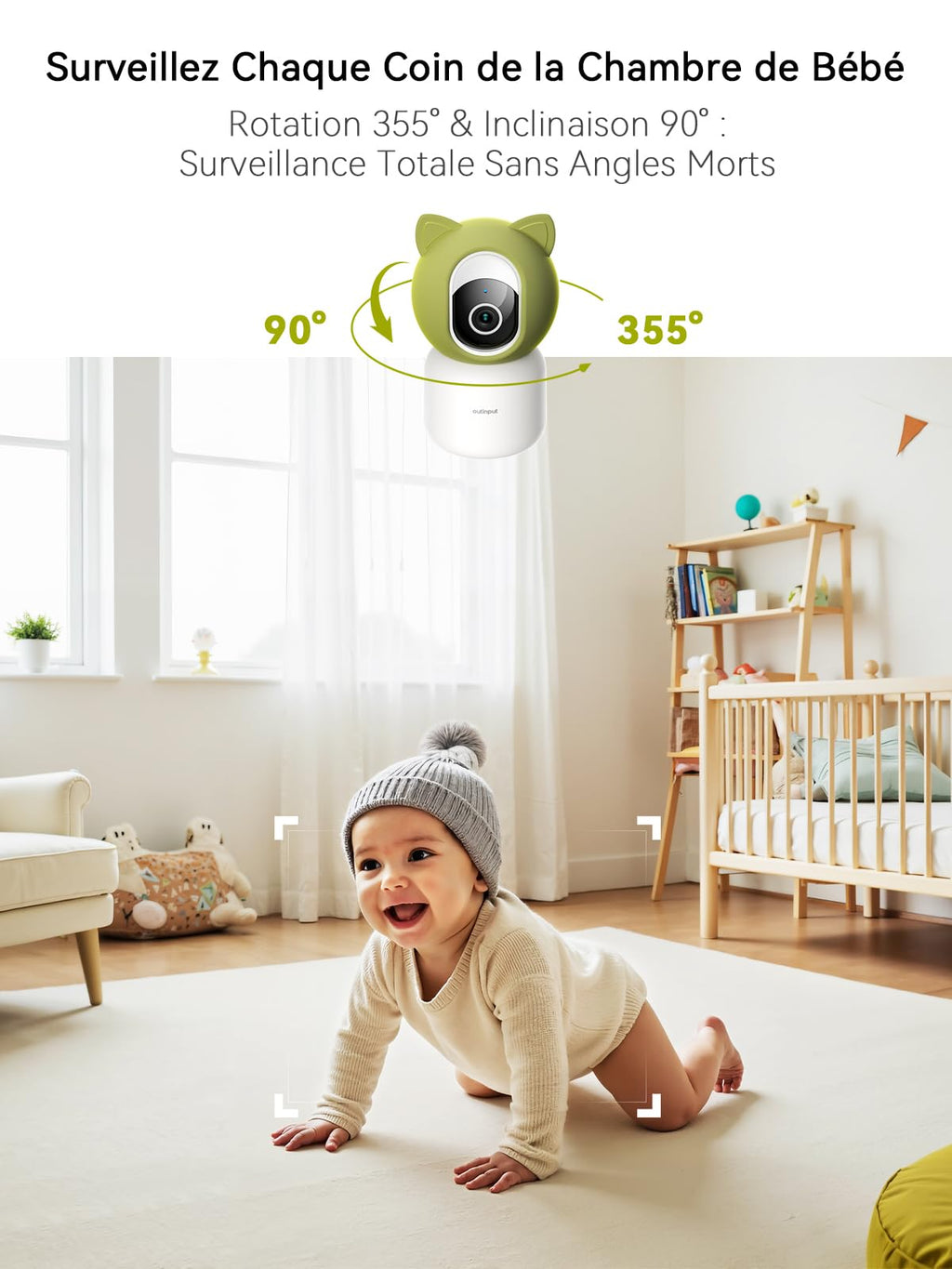 Outinput 2K/4MP WiFi Babyphone Camera, PTZ 355°Caméra Surveillance Sécurité Intérieur, Berceuses, Veilleuse Douce, Vision Nocturne, Mouvement/Pleurs/température/alertes d'humidité, pour Bébé/Animaux