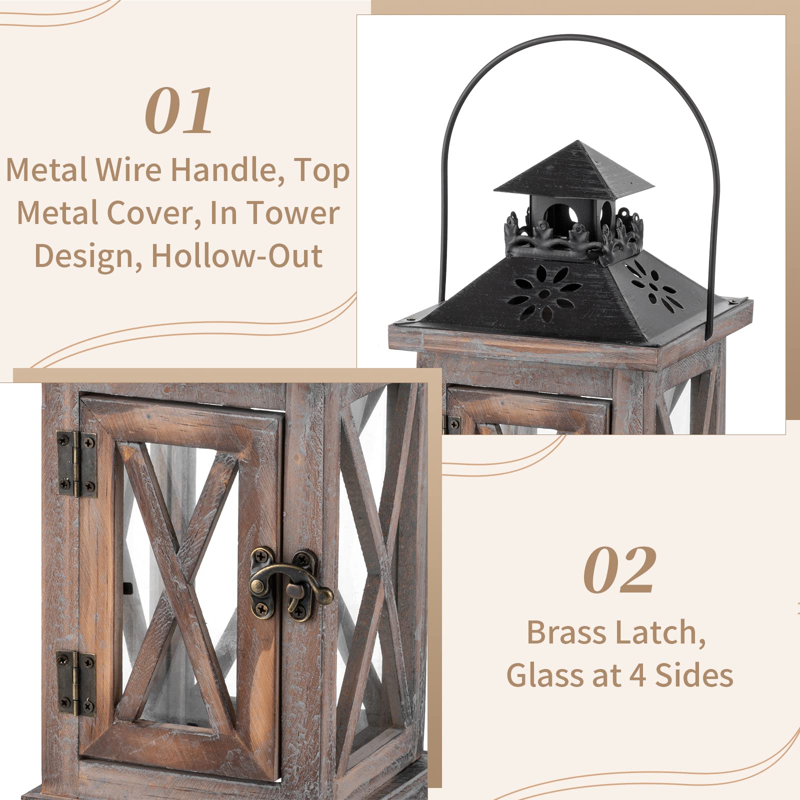 Sziqiqi Lanterne en Bois Bougeoir Vintage Lanternes à Bougie Décorative pour Rustique Mariage Centre de Table Suspendu Lanterne Ferme Décor à la Maison Intérieur et Extérieur Lanterne Décor 28cm