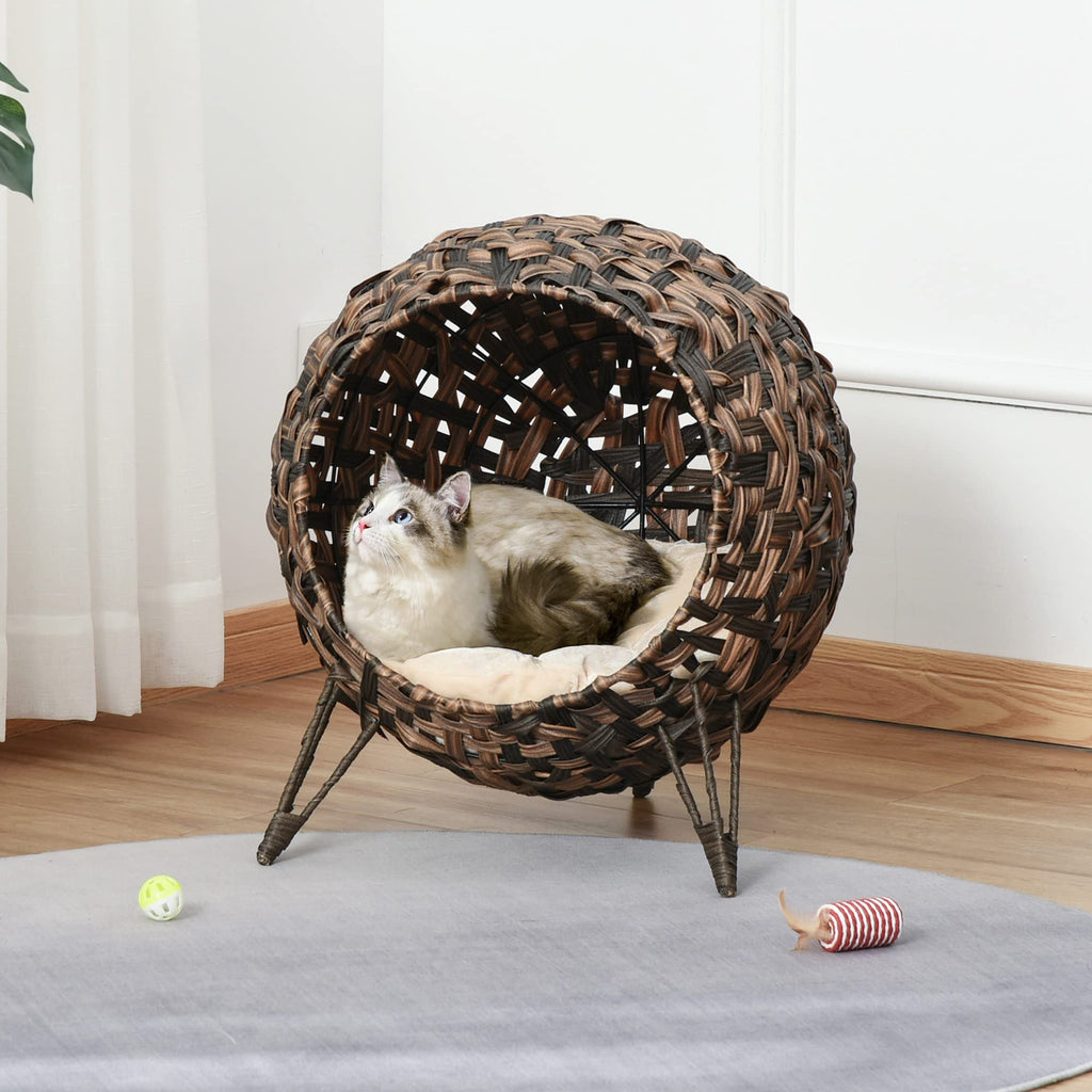 PawHut Panier Chat lit surélevé Chat Cosy Niche Grotte Grand Confort dim. Ø 52 x 58H cm Coussin Moelleux Beige Inclus résine tressée Imitation rotin Marron