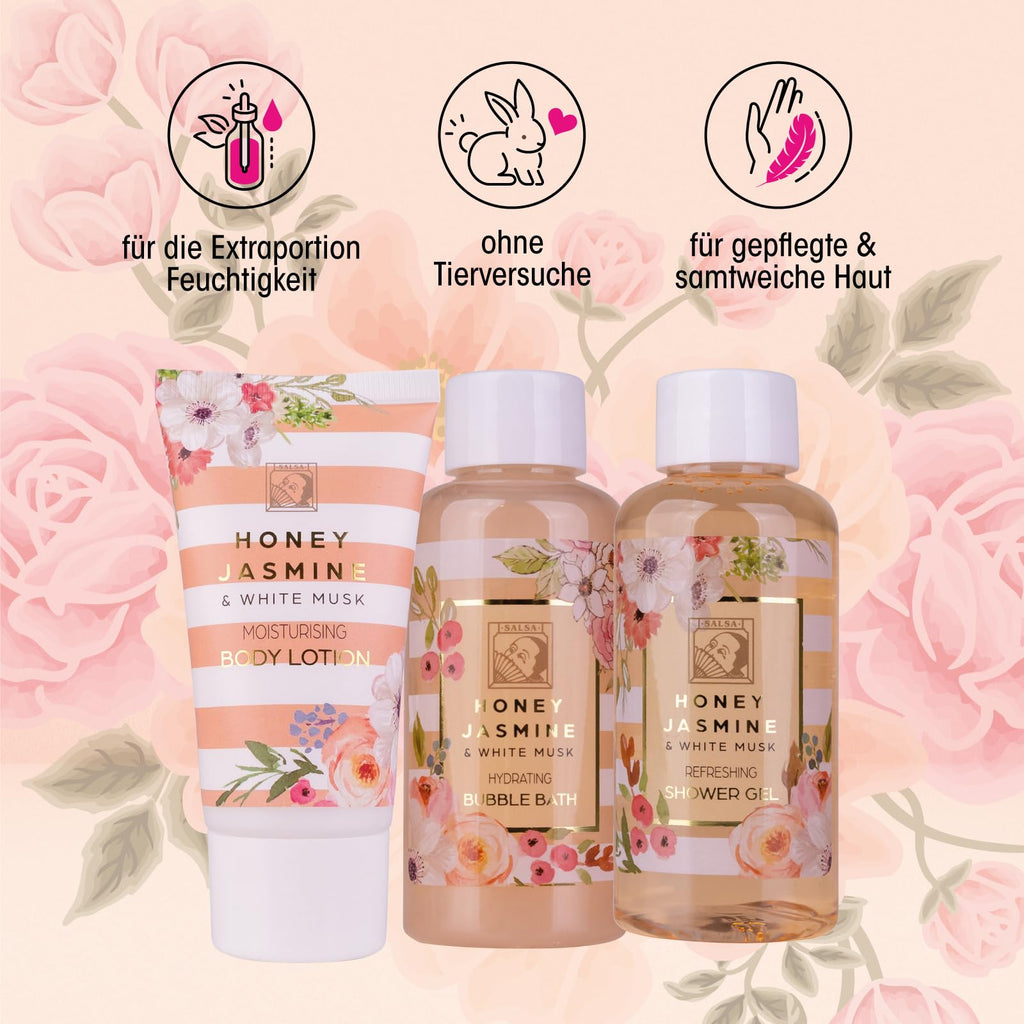 Accentra-Set cadeau de douche pour femmes HONEY JASMINE dans une belle boîte cadeau-Set de soins 3 pièces gel douche,lotion et bain moussant-Set cadeau idéal pour la Saint-Valentin & la Fête des mères