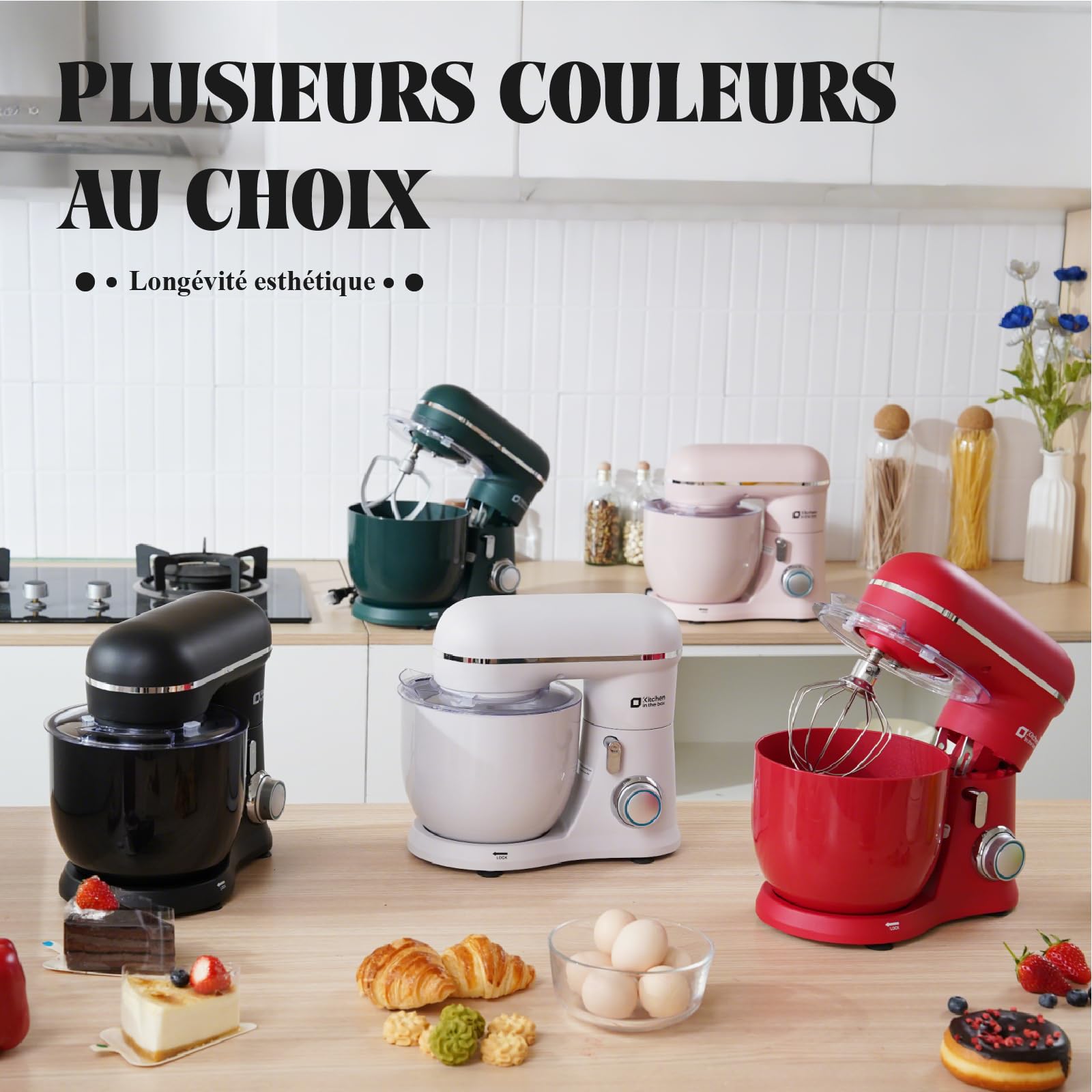 Kitchen in the Box Robot Pâtissier, 3.5L avec Deux Bols, Compact et Léger, 10 Vitesses avec Fonction Pulse, Finition Mate, Fouet, Crochet Pétrisseur et Batteur, Noir