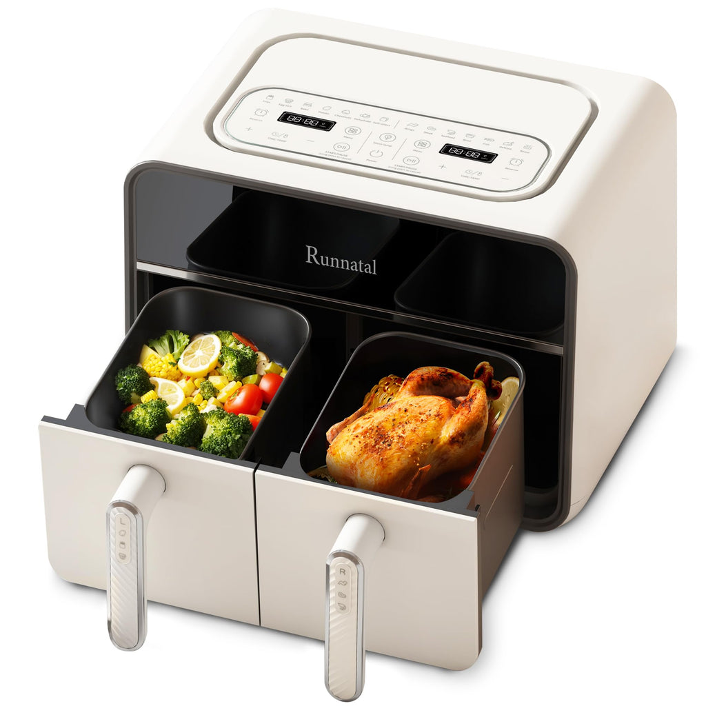 Friteuse à air double zone Runnatal 8 L avec hublot, sans huile, 2 tiroirs, programmes de cuisson 14 en 1 avec marmites pour légumes et viandes, écran tactile, faible en gras compatible lave-vaisselle