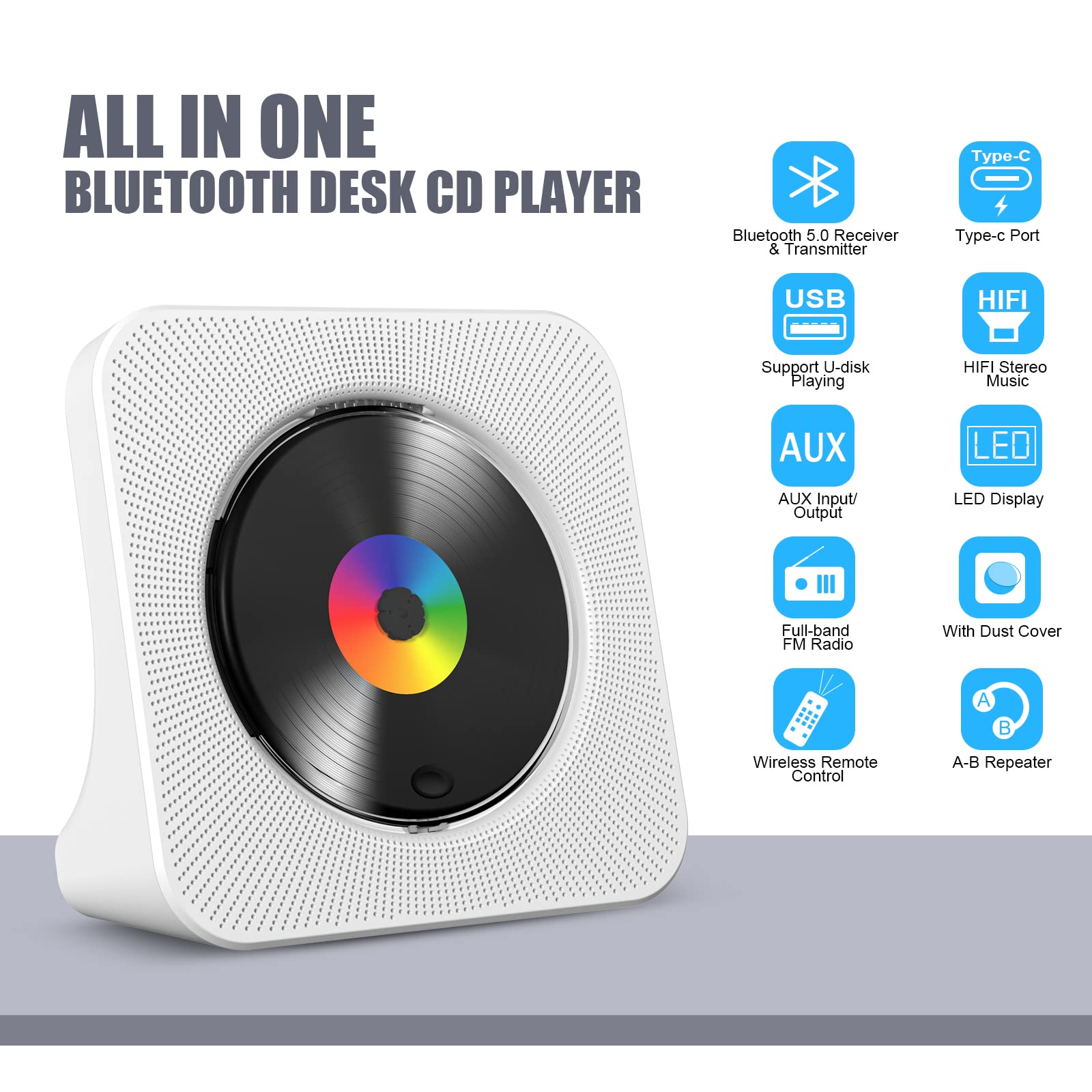 Lecteur CD de Bureau avec Bluetooth Gueray Lecteur CD Mural Haut-parleurs HiFi Intégrés Portables avec écran LED Audio Domestique Boombox Radio FM USB Type-c Lecteur de Musique MP3