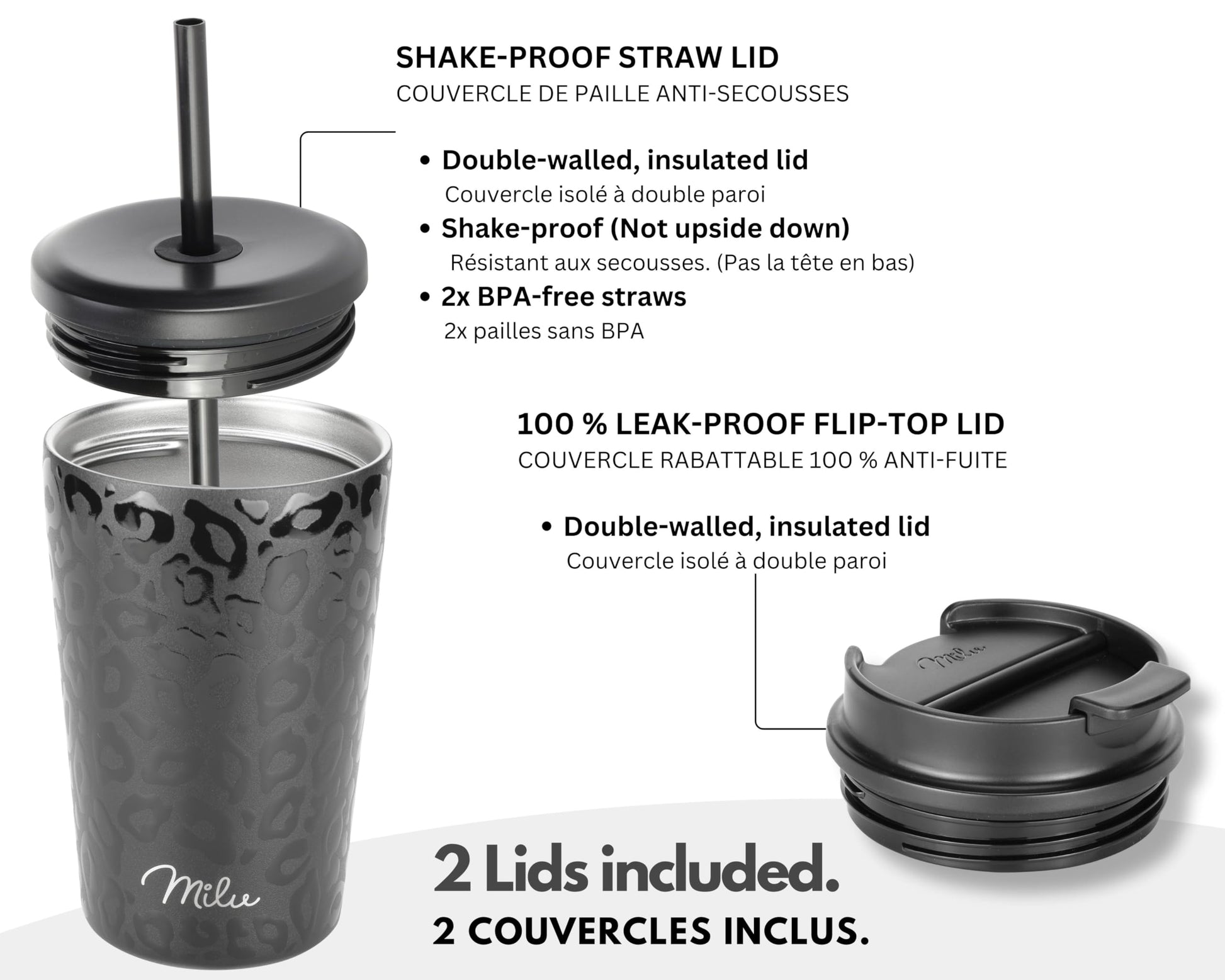 Milu Mug Isotherme 500ml - Thermo Café étanche en acier inoxydable, Tasse thermique sans BPA, 100% anti-fuite(Black Leopard, 500ml)