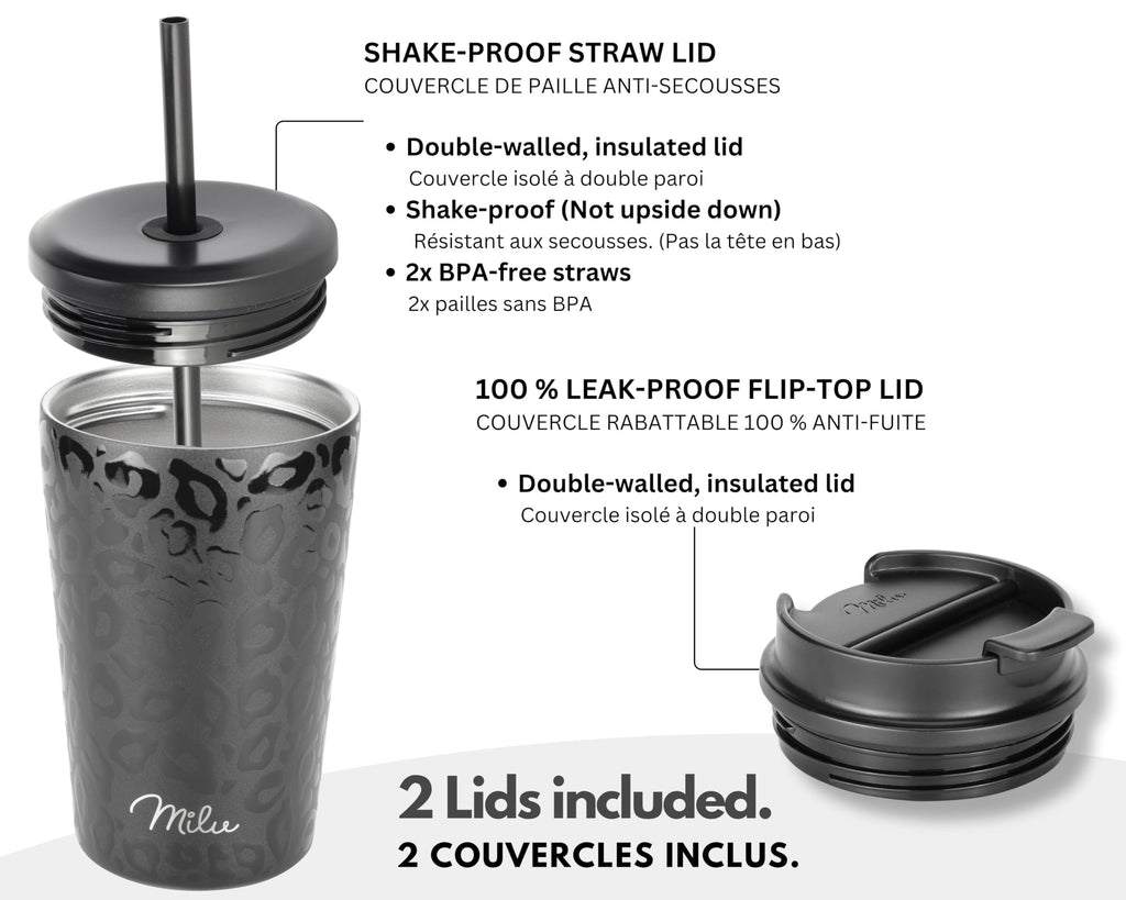 Milu Mug Isotherme 300ml - Thermo Café étanche en acier inoxydable, Tasse thermique sans BPA, 100% anti-fuite(Black Leopard, 300ml)
