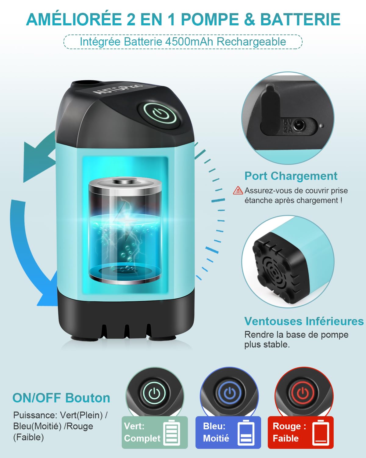 AUTOPkio Douche Camping Portable, Douche Extérieure Améliorée avec Batterie Rechargeable 4500mAh & Pompe IPX7 Imperméable pour Plage, Randonnée, Lavage de Voiture (Bleu)