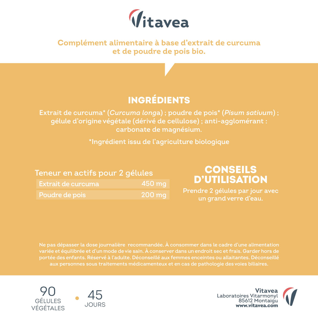 Curcuma BIO Pur Sans Pipérine ni Poivre Noir - Bien-Être Articulaire, Santé du Foie, Immunité - 90 gélules - Fabriqué en France - Vitavea