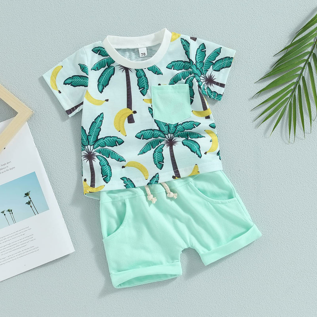 Carolilly Ensemble Short Enfant Bébé Garçon Eté T-Shirt Hawaien à Manches Courtes + Shorts Taille Elastique avec Poches (0-3 Ans) (Vert, 18-24 Months)