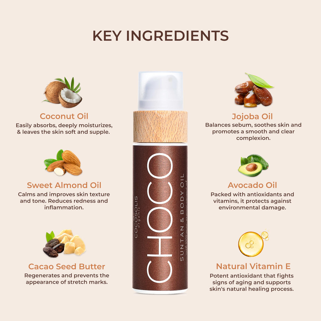 COCOSOLIS CHOCO Accélérateur de bronzage, Huile bronzante pour Banc Solaire, activateur de bronzage Intense, Naturel et Biologique, Huile Bio 110 ml