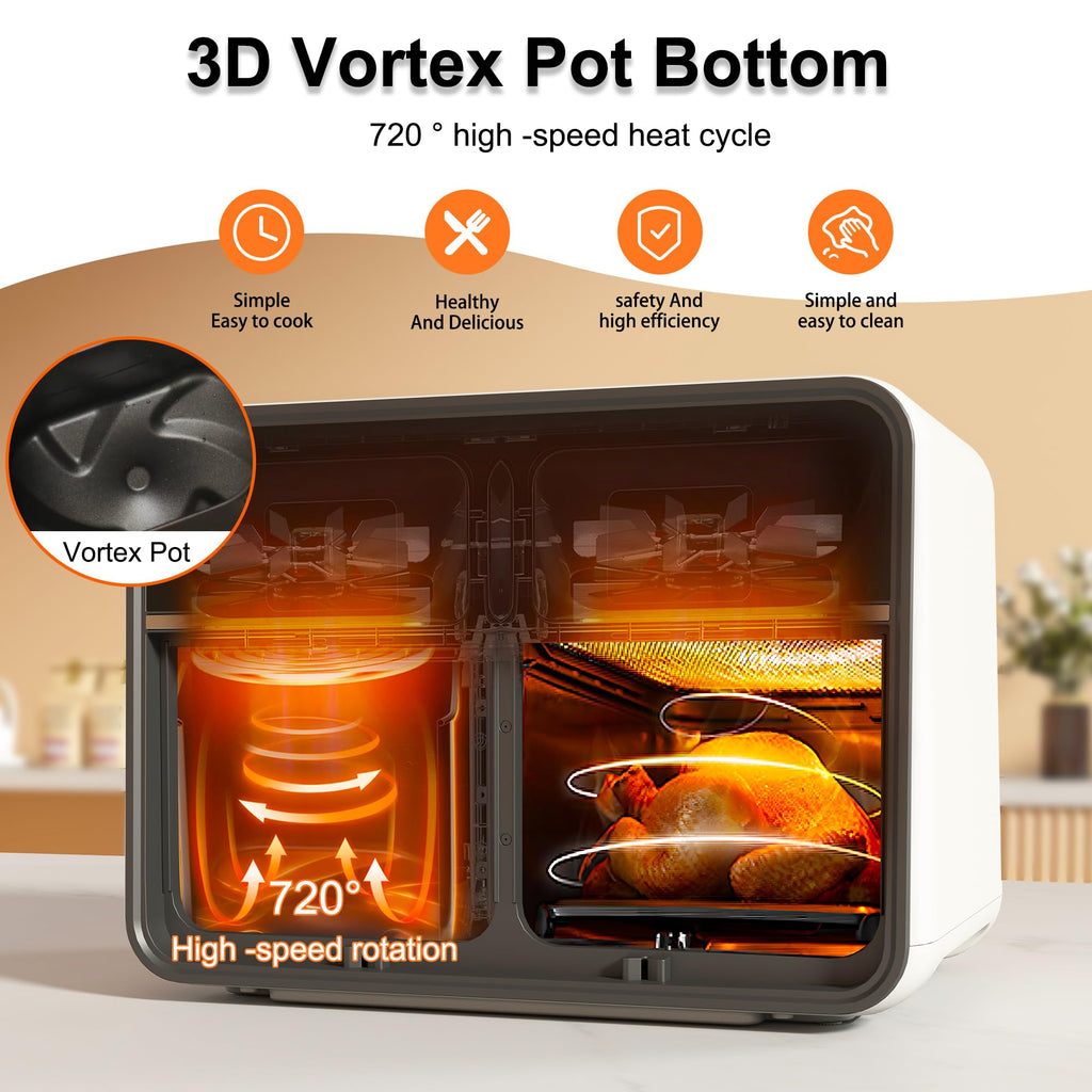 Friteuse à air double zone Runnatal 8 L avec hublot, sans huile, 2 tiroirs, programmes de cuisson 14 en 1 avec marmites pour légumes et viandes, écran tactile, faible en gras compatible lave-vaisselle