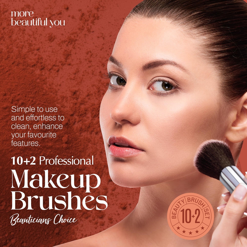 PORTENTUM Pinceaux Maquillages Professionnel (10+2pcs), Pinceau Maquillage Pour Fond de Teint Blush L'anti-cernes Fard à Paupières Poudre Libre, Avec Blender Eponge