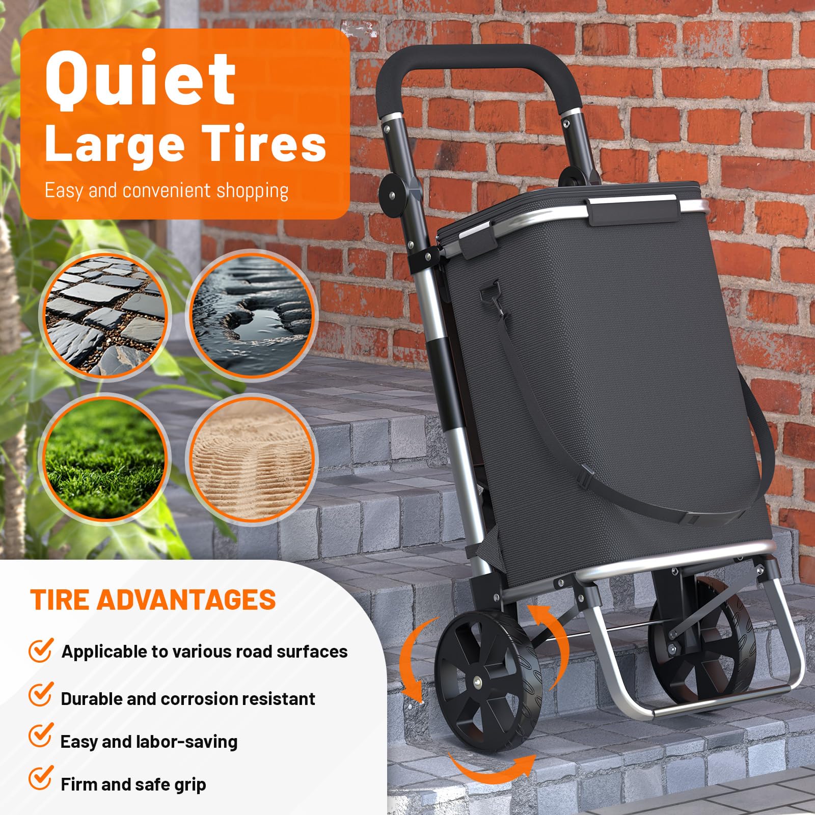 FUNLAX Chariot de Courses 2 Roues, Caddie de Courses avec Compartiment Isotherme réfrigéré 40L, Sac Shopping Amovible, Caddie à roulettes Pliable Noir