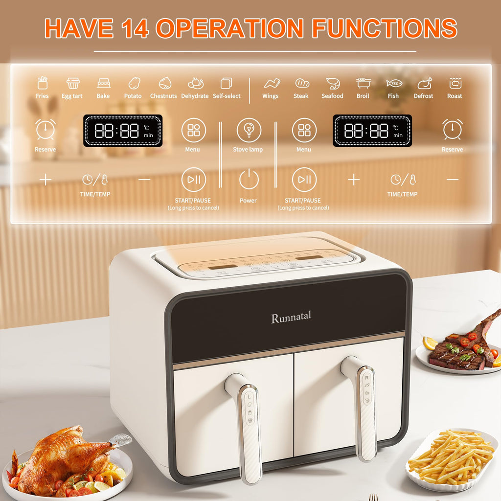 Friteuse à air double zone Runnatal 8 L avec hublot, sans huile, 2 tiroirs, programmes de cuisson 14 en 1 avec marmites pour légumes et viandes, écran tactile, faible en gras compatible lave-vaisselle