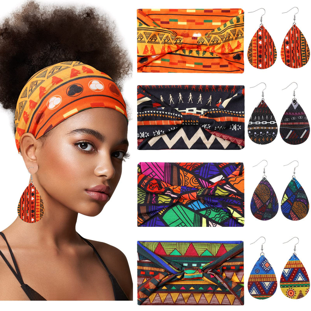 4 Paires Boucles d'Oreilles Africaines en Faux Cuir 4 Pièces Bandeaux Africains, Boucles d'Oreilles de Larme Bandes de Cheveux Nouées Larges Bandeaux de Yoga Extensibles pour Filles Femmes