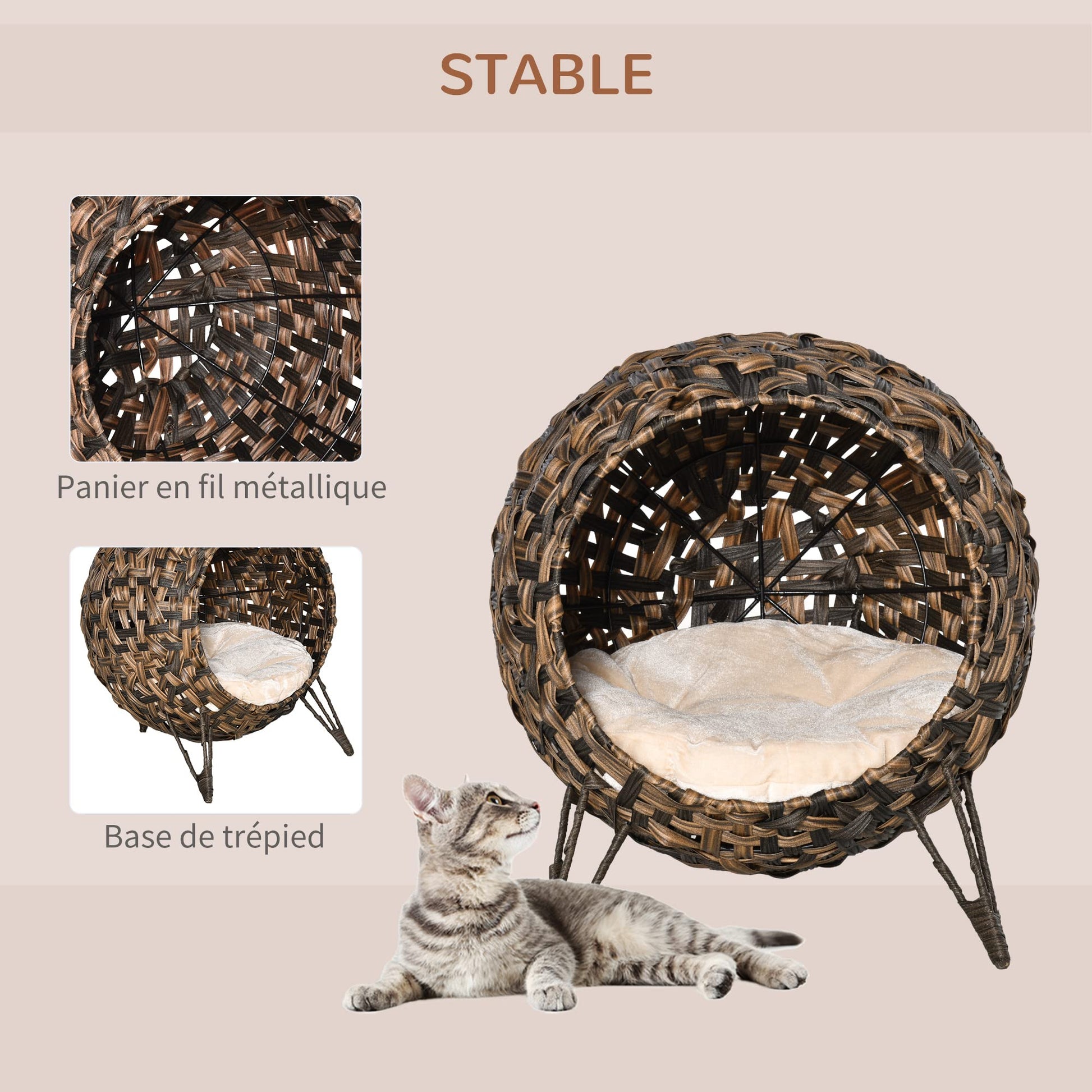 PawHut Panier Chat lit surélevé Chat Cosy Niche Grotte Grand Confort dim. Ø 52 x 58H cm Coussin Moelleux Beige Inclus résine tressée Imitation rotin Marron