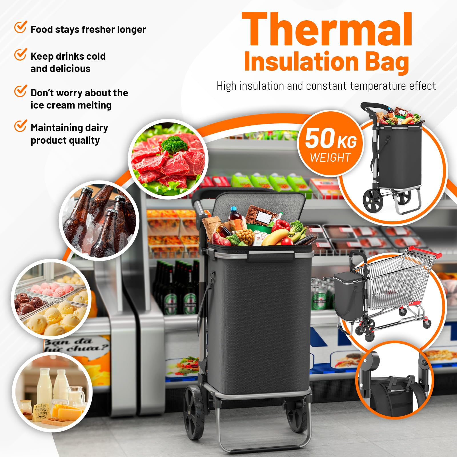 FUNLAX Chariot de Courses 2 Roues, Caddie de Courses avec Compartiment Isotherme réfrigéré 40L, Sac Shopping Amovible, Caddie à roulettes Pliable Noir