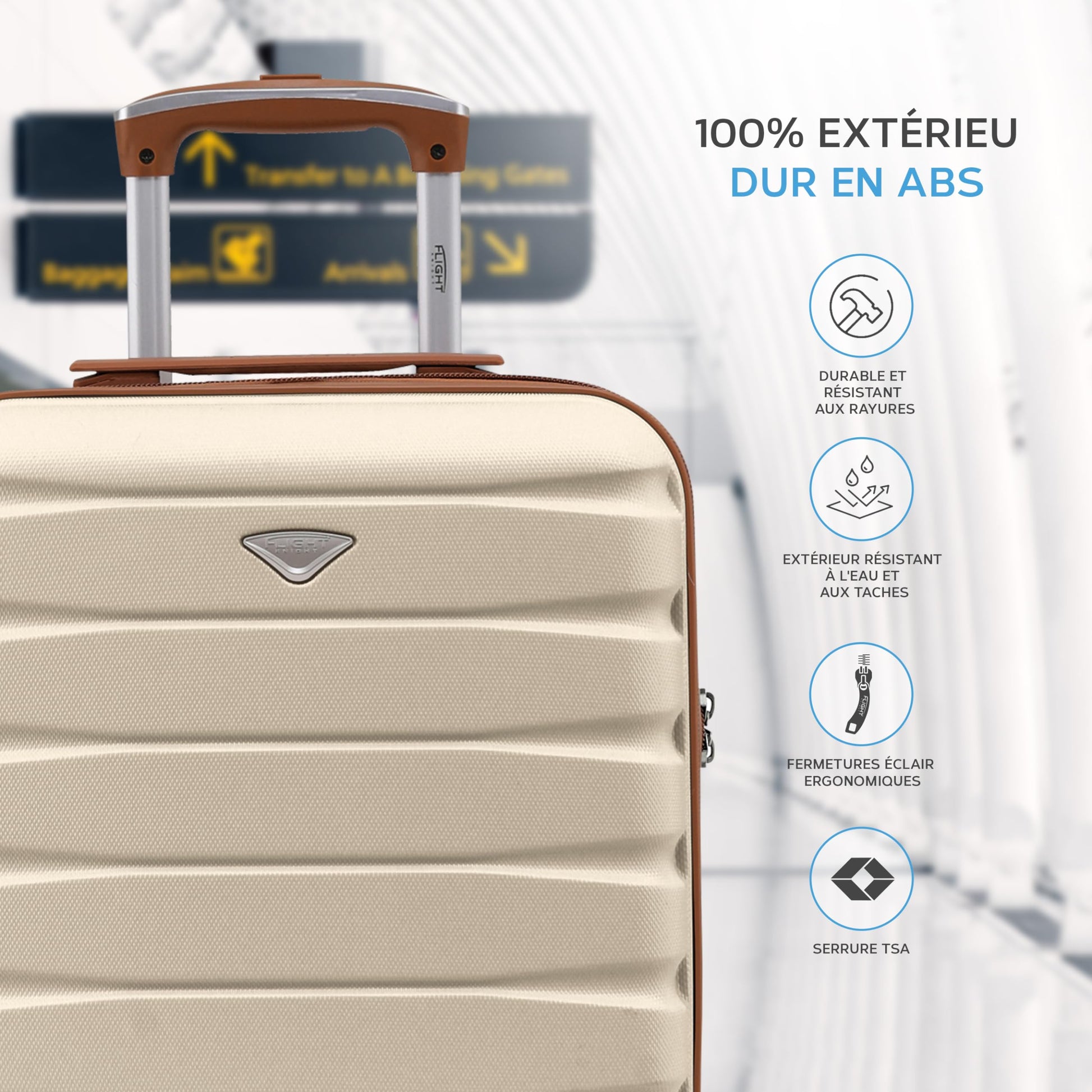 Flight Knight Bagage Cabine Leger a 4 Roues en ABS Rigide Approuve par Plus De 100 Compagnies Aeriennes, Dont Lufthansa, Air France, HOP! Ryanair et easyJet - 45x36x20cm (TSA) Creme/Marron