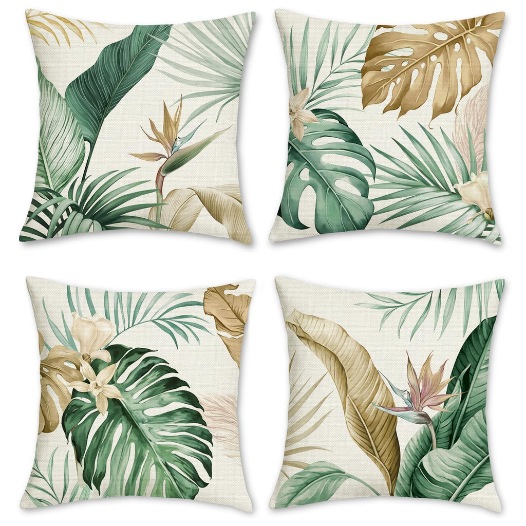 Bonhause Housse de Coussin Feuilles Tropicales 45 x 45 cm Feuille Brun Vert Polyester Lin Décoratif Taie d'oreiller pour Canapé Maison Jardin Extérieur Été Décoration 4 Pièces