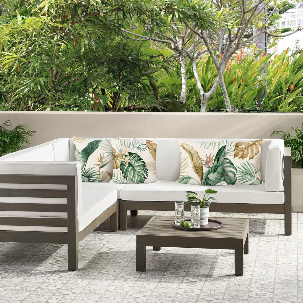 Bonhause Housse de Coussin Feuilles Tropicales 45 x 45 cm Feuille Brun Vert Polyester Lin Décoratif Taie d'oreiller pour Canapé Maison Jardin Extérieur Été Décoration 4 Pièces