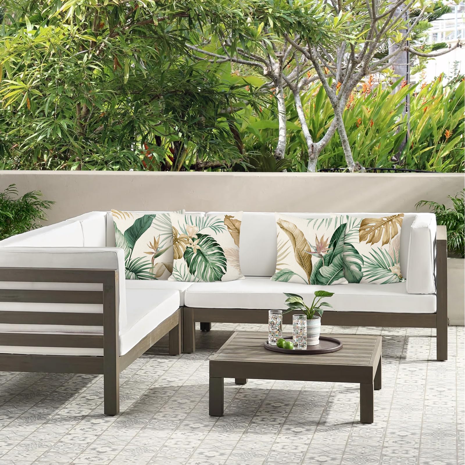 Bonhause Housse de Coussin Feuilles Tropicales 45 x 45 cm Feuille Brun Vert Polyester Lin Décoratif Taie d'oreiller pour Canapé Maison Jardin Extérieur Été Décoration 4 Pièces