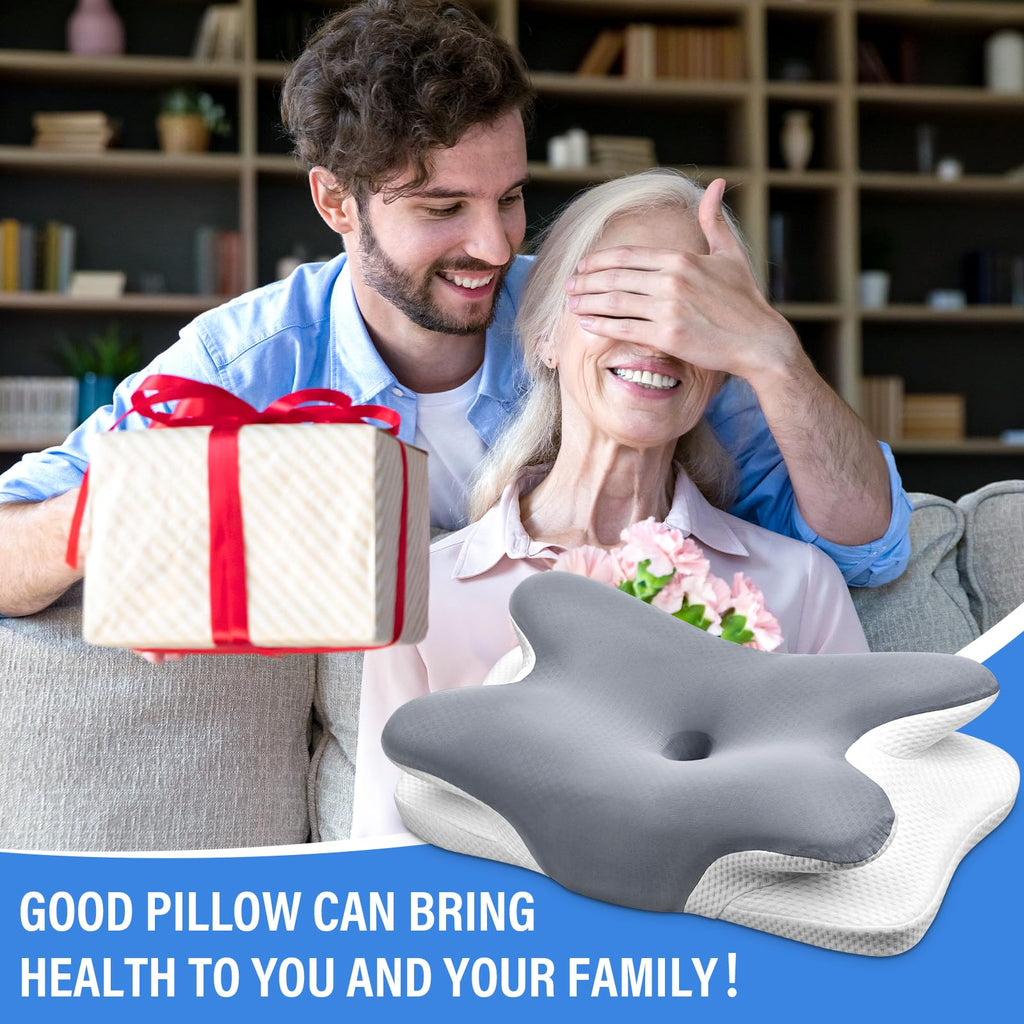 Ehomfory Oreiller Ergonomique Cervical, 2 en 1 Oreiller Memoire Forme pour la Nuque, Oreiller pour Dormir sur Le côté, Le Dos et Le Ventre, 62 x 41 x 9/12cm (Gris)