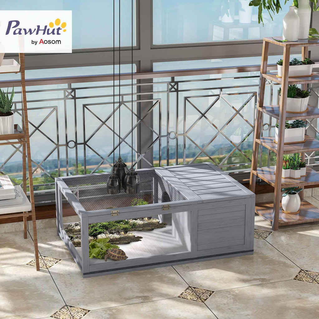 PawHut Maison enclos Cage Habitat pour Petit Animal Tortues avec 2 espaces 91 x 60,5 x 32 cm Bois Massif Gris