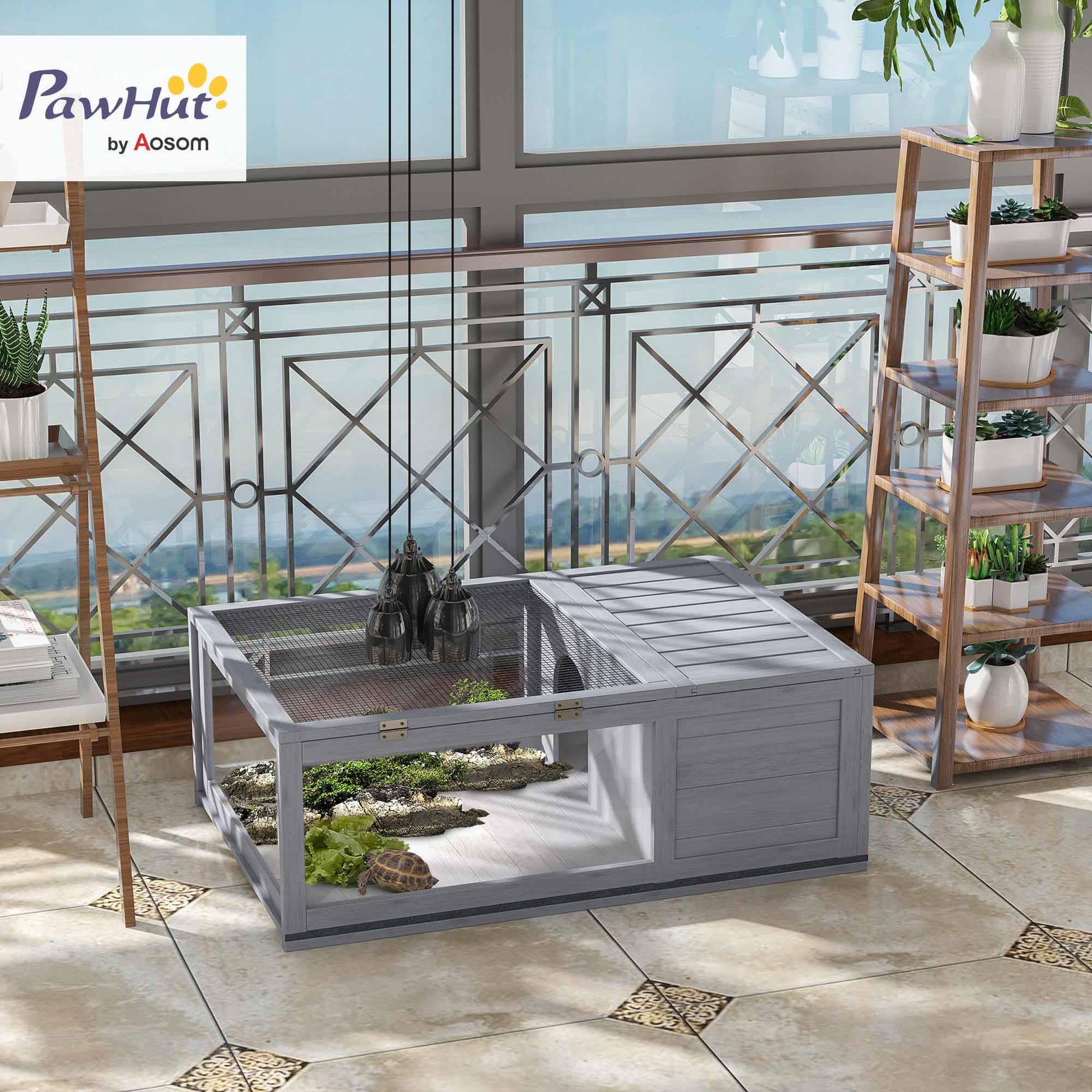 PawHut Maison enclos Cage Habitat pour Petit Animal Tortues avec 2 espaces 91 x 60,5 x 32 cm Bois Massif Gris