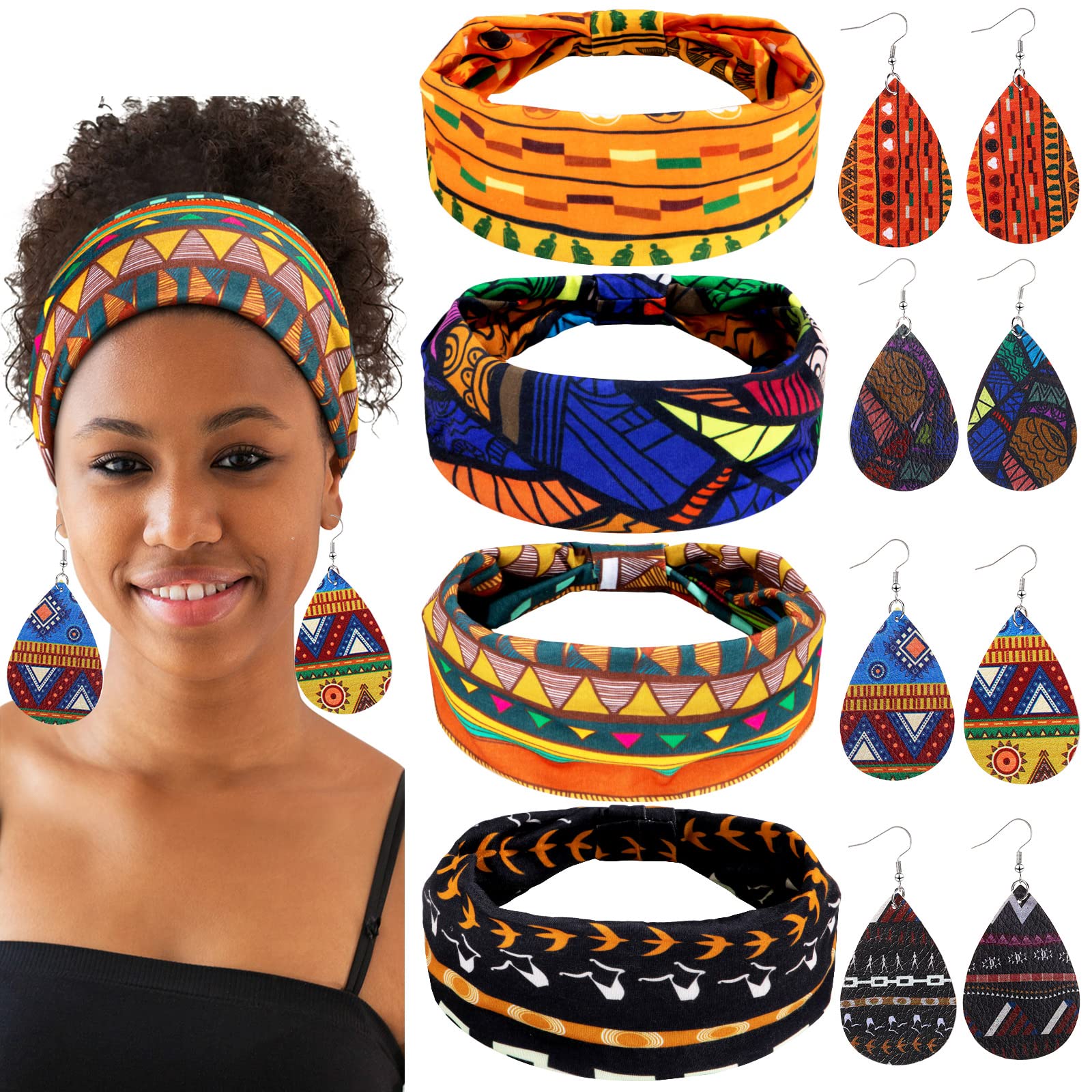 4 Paires Boucles d'Oreilles Africaines en Faux Cuir 4 Pièces Bandeaux Africains, Boucles d'Oreilles de Larme Bandes de Cheveux Nouées Larges Bandeaux de Yoga Extensibles pour Filles Femmes