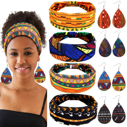 4 Paires Boucles d'Oreilles Africaines en Faux Cuir 4 Pièces Bandeaux Africains, Boucles d'Oreilles de Larme Bandes de Cheveux Nouées Larges Bandeaux de Yoga Extensibles pour Filles Femmes