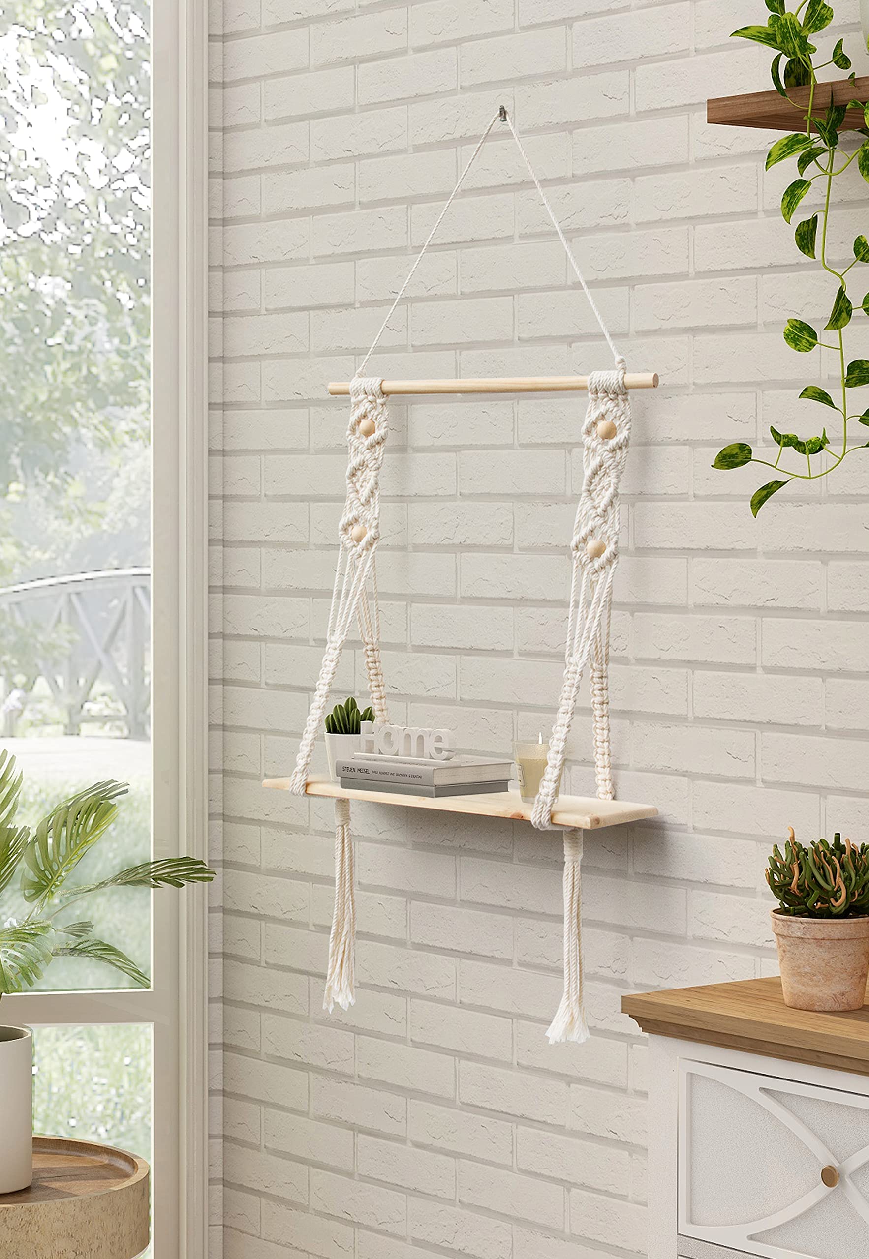 Afuly Etagere Murale Bois Macramé Boheme Deco Plantes Simple Houppe Manuel Tissé Chambre Salon WC Etagere Suspendue Corde