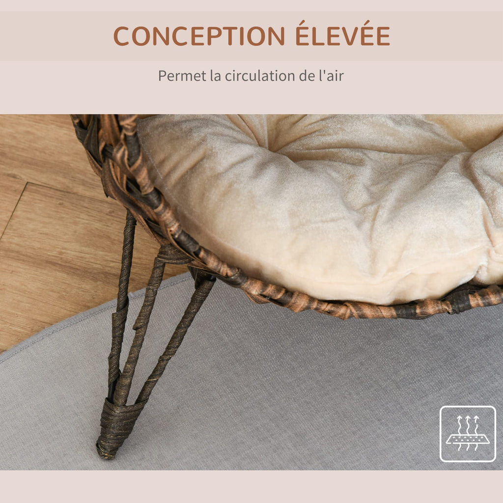 PawHut Panier Chat lit surélevé Chat Cosy Niche Grotte Grand Confort dim. Ø 52 x 58H cm Coussin Moelleux Beige Inclus résine tressée Imitation rotin Marron