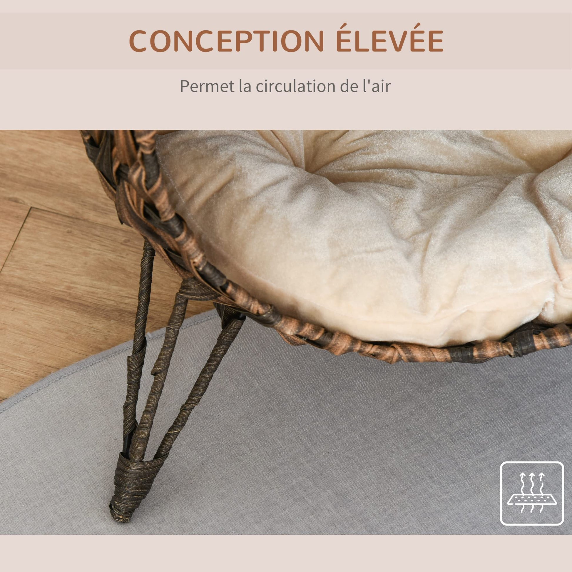 PawHut Panier Chat lit surélevé Chat Cosy Niche Grotte Grand Confort dim. Ø 52 x 58H cm Coussin Moelleux Beige Inclus résine tressée Imitation rotin Marron