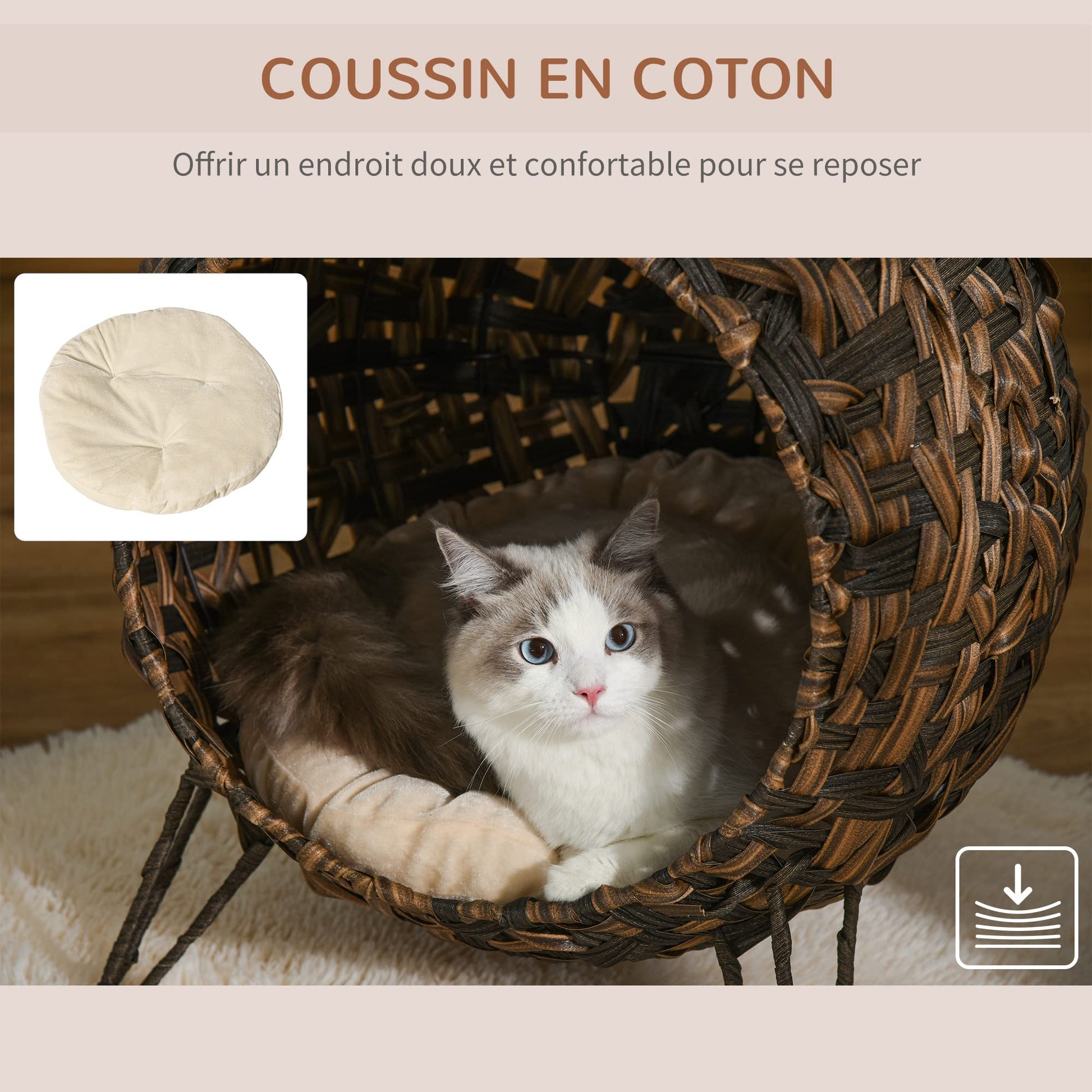 PawHut Panier Chat lit surélevé Chat Cosy Niche Grotte Grand Confort dim. Ø 52 x 58H cm Coussin Moelleux Beige Inclus résine tressée Imitation rotin Marron