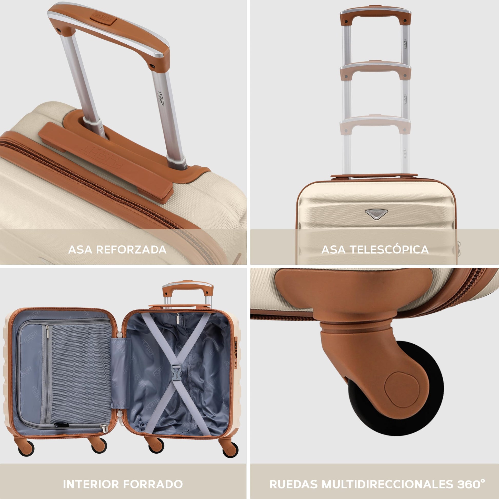 Flight Knight Bagage Cabine Leger a 4 Roues en ABS Rigide Approuve par Plus De 100 Compagnies Aeriennes, Dont Lufthansa, Air France, HOP! Ryanair et easyJet - 45x36x20cm (TSA) Creme/Marron