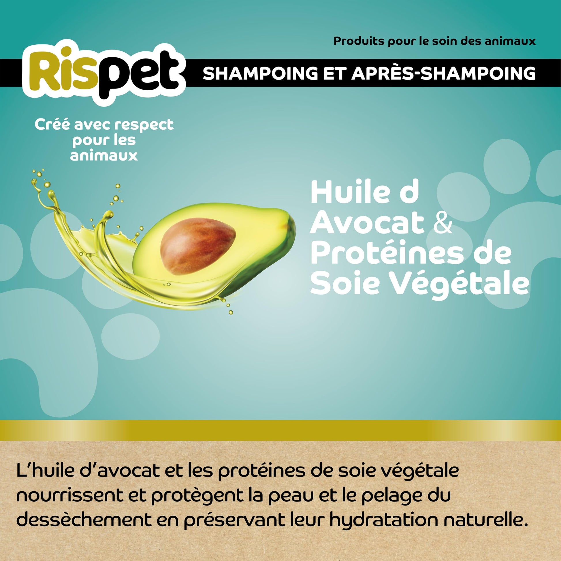RISPET Shampoing Démêlants Avocat et Soie, Nettoyant pour Chiens et Animaux à Poils Courts, Formule Délicate sans Allergènes et pH Équilibré, Parfum Talc, 370 ML