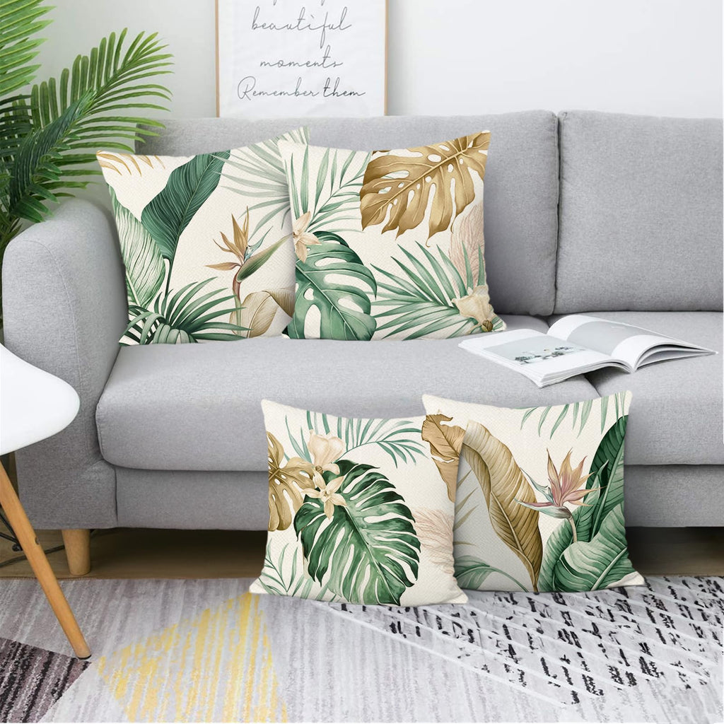 Bonhause Housse de Coussin Feuilles Tropicales 45 x 45 cm Feuille Brun Vert Polyester Lin Décoratif Taie d'oreiller pour Canapé Maison Jardin Extérieur Été Décoration 4 Pièces