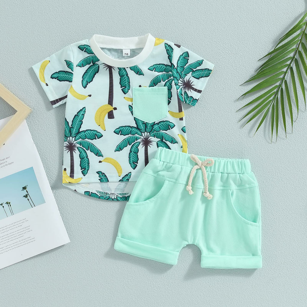Carolilly Ensemble Short Enfant Bébé Garçon Eté T-Shirt Hawaien à Manches Courtes + Shorts Taille Elastique avec Poches (0-3 Ans) (Vert, 18-24 Months)