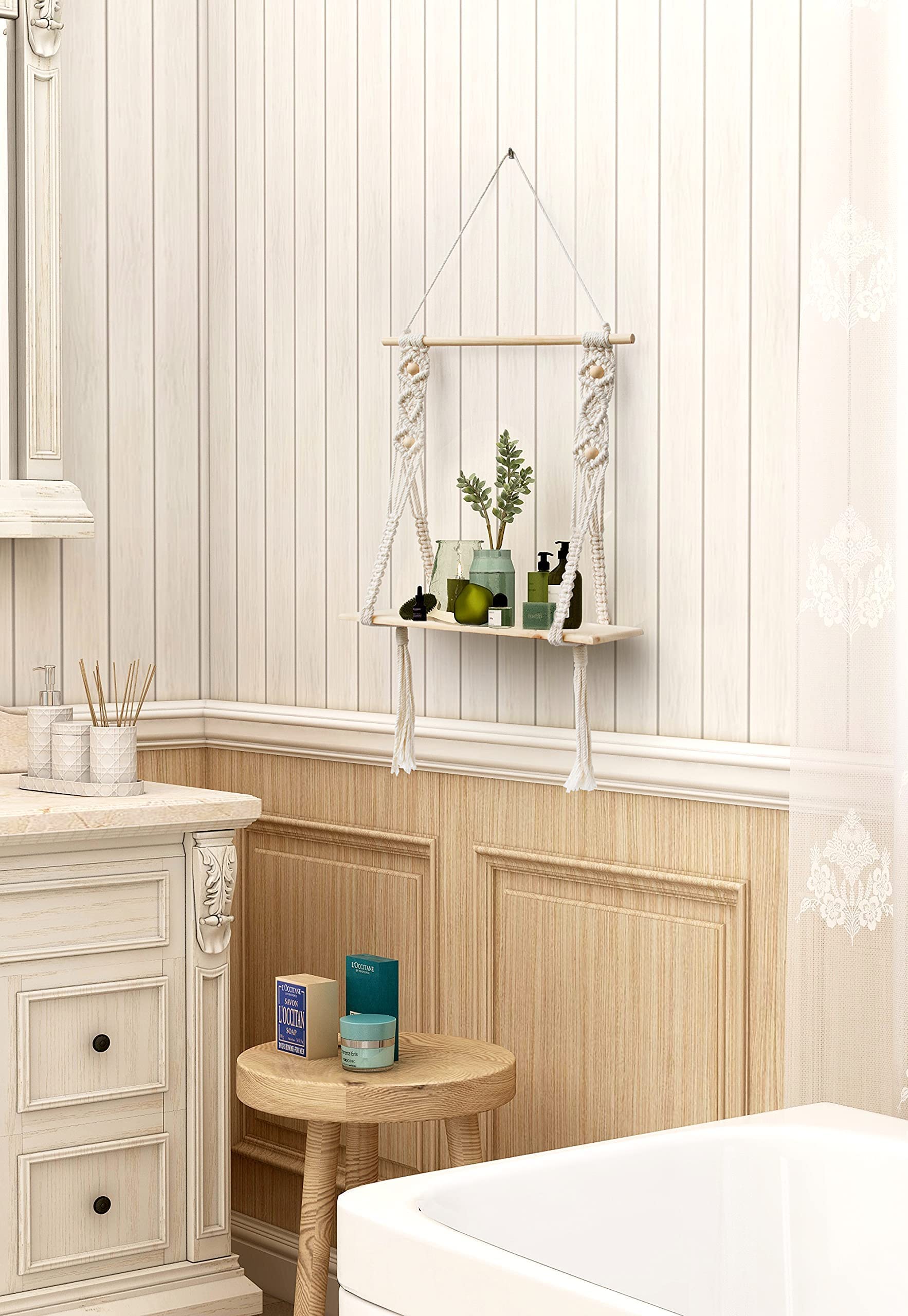 Afuly Etagere Murale Bois Macramé Boheme Deco Plantes Simple Houppe Manuel Tissé Chambre Salon WC Etagere Suspendue Corde
