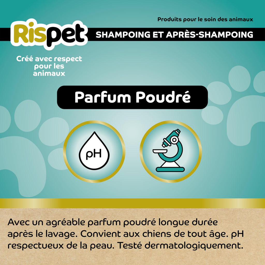 RISPET Shampoing Démêlants Avocat et Soie, Nettoyant pour Chiens et Animaux à Poils Courts, Formule Délicate sans Allergènes et pH Équilibré, Parfum Talc, 370 ML