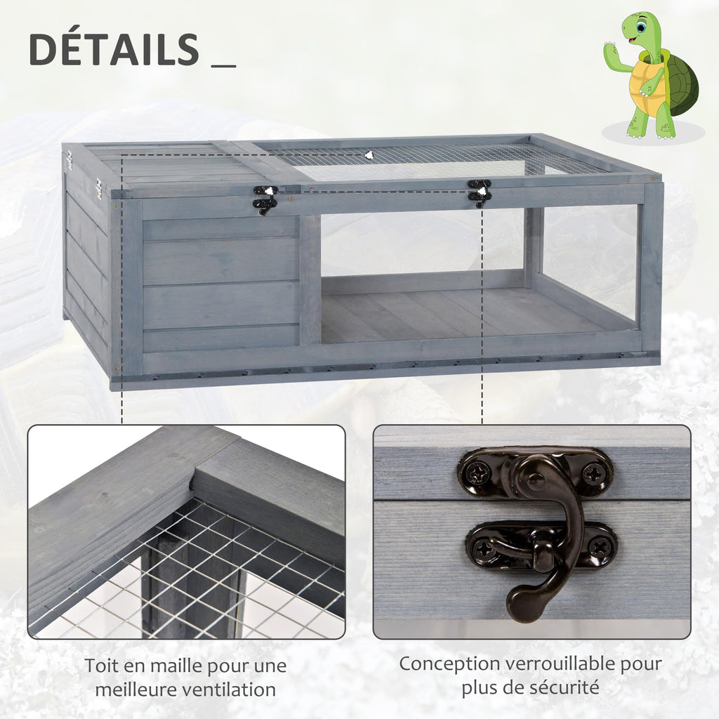 PawHut Maison enclos Cage Habitat pour Petit Animal Tortues avec 2 espaces 91 x 60,5 x 32 cm Bois Massif Gris