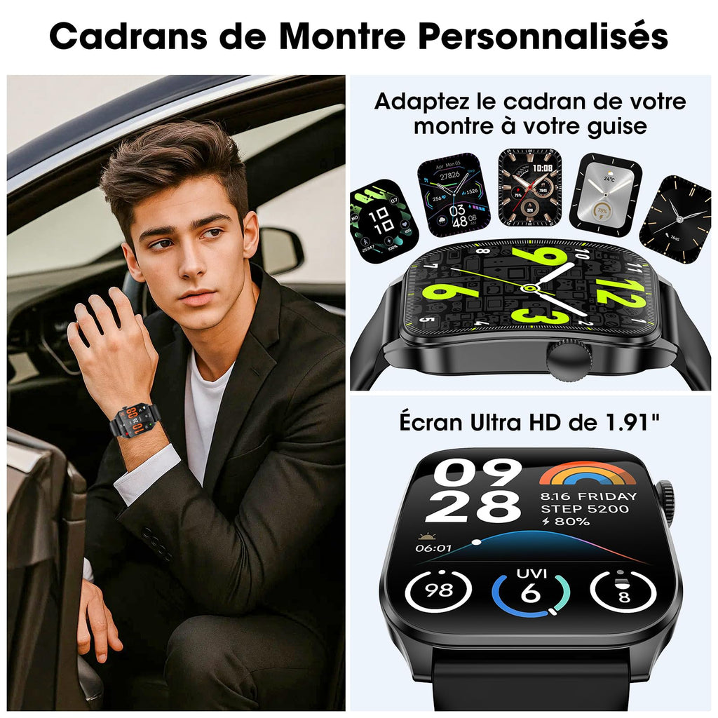 Montre Connectée Femme Homme,1.91'' Écran Incurvé avec Appels Bluetooth,120+ Sportifs Montre Sport avec Moniteur Sommeil/Fréquence Cardiaque/Podomètre,Etanche IP67 Smartwatch pour Android iOS