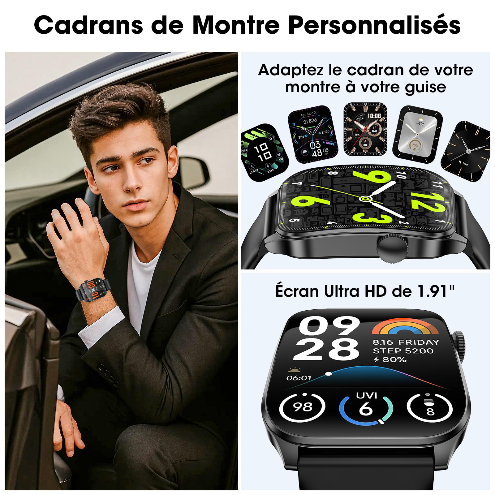 Montre Connectée Femme Homme,1.91'' Écran Incurvé avec Appels Bluetooth,120+ Sportifs Montre Sport avec Moniteur Sommeil/Fréquence Cardiaque/Podomètre,Etanche IP67 Smartwatch pour Android iOS