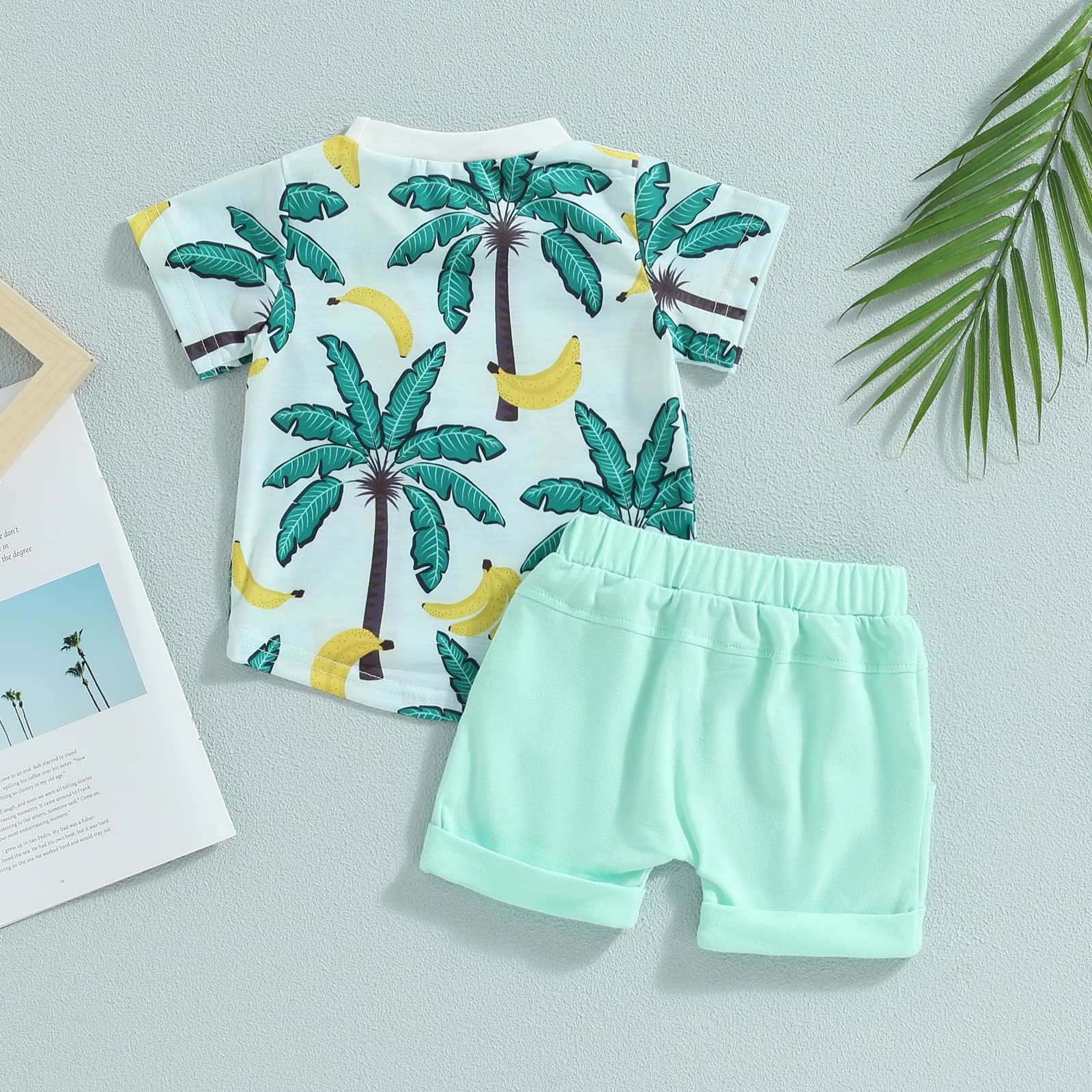 Carolilly Ensemble Short Enfant Bébé Garçon Eté T-Shirt Hawaien à Manches Courtes + Shorts Taille Elastique avec Poches (0-3 Ans) (Vert, 18-24 Months)