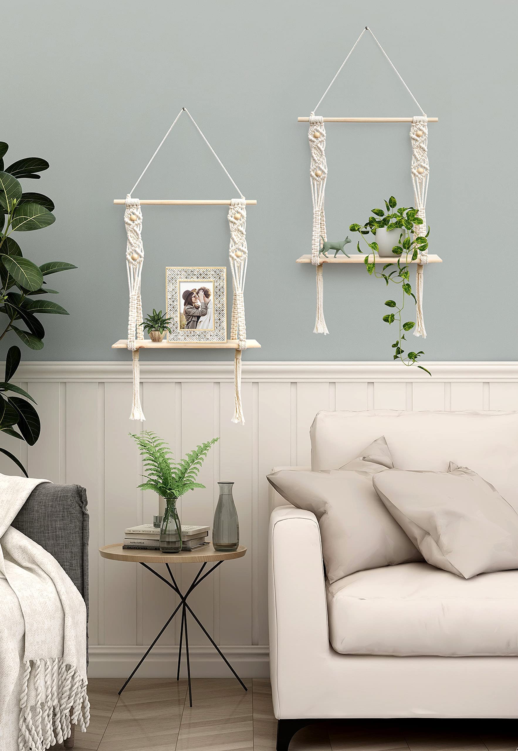 Afuly Etagere Murale Bois Macramé Boheme Deco Plantes Simple Houppe Manuel Tissé Chambre Salon WC Etagere Suspendue Corde