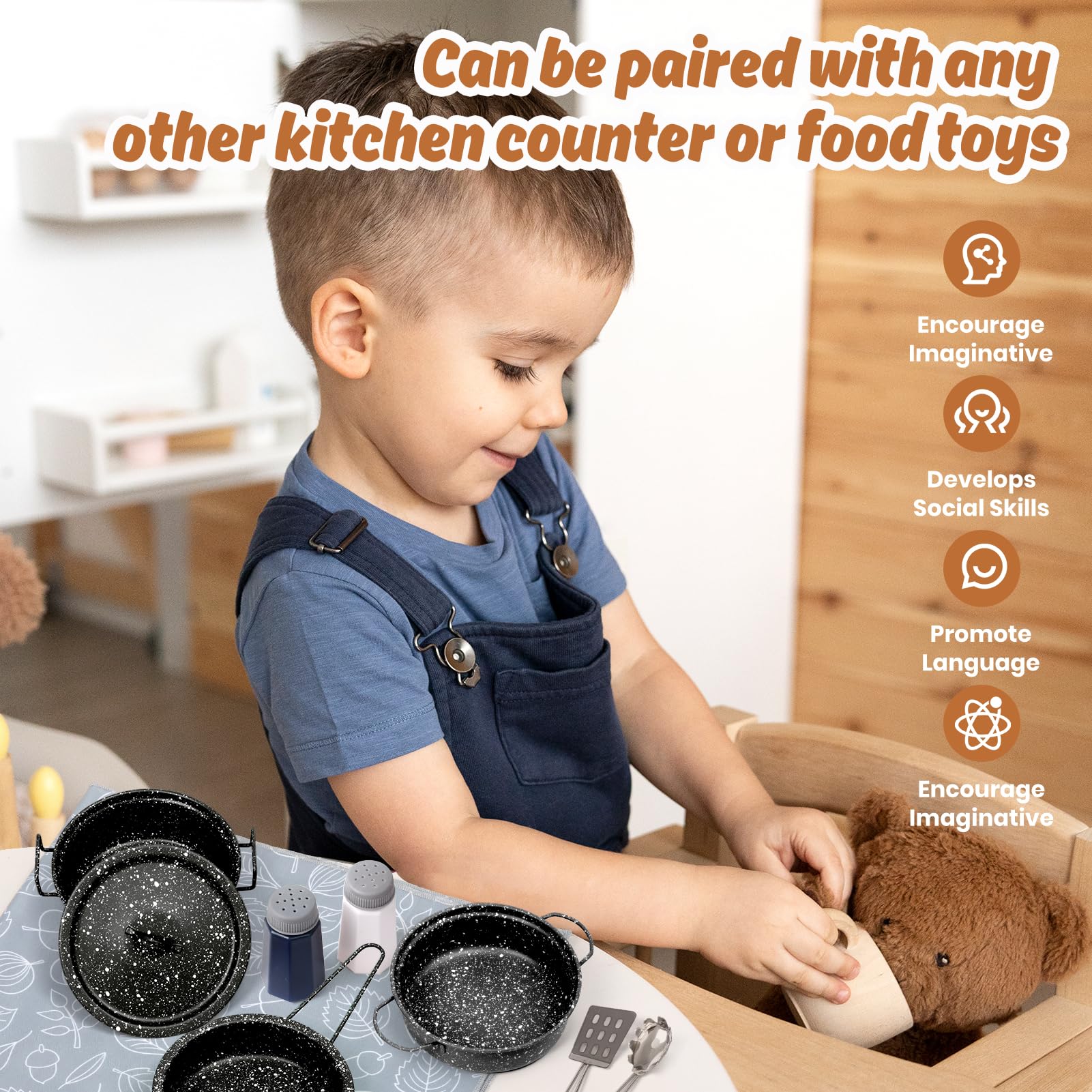 Veitch fairytales Dinette Enfant Ustensile et Accessoire Cuisine Enfant Jouet Ensemble de Casserole en Métal Coloré Cadeau 3 4 5 6 7 8 Ans (Nouveau Noir)