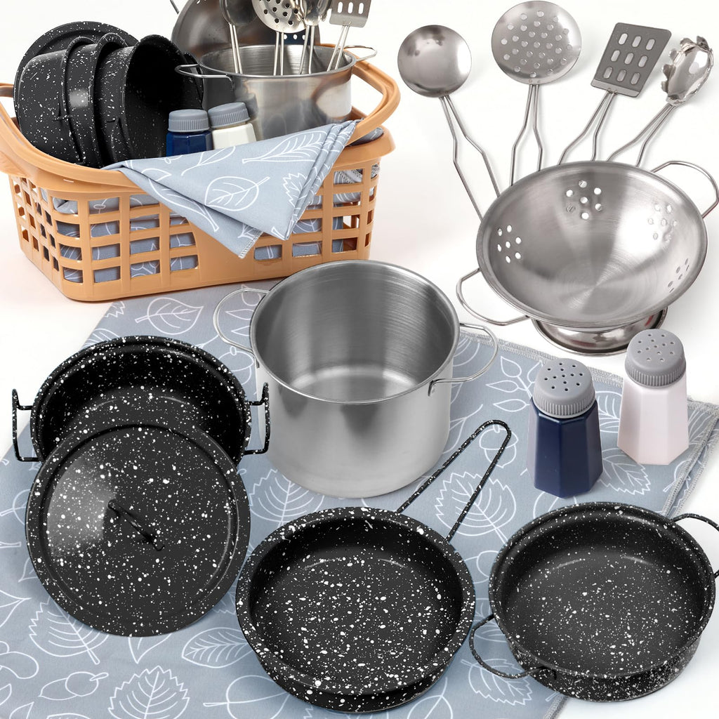 Veitch fairytales Dinette Enfant Ustensile et Accessoire Cuisine Enfant Jouet Ensemble de Casserole en Métal Coloré Cadeau 3 4 5 6 7 8 Ans (Nouveau Noir)